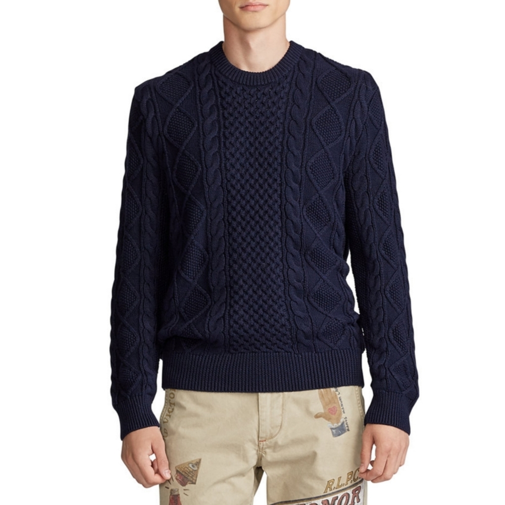 Polo Ralph Lauren Hunter Navy Aran Crewneck Sweater Men Medium Cotton Fishermen